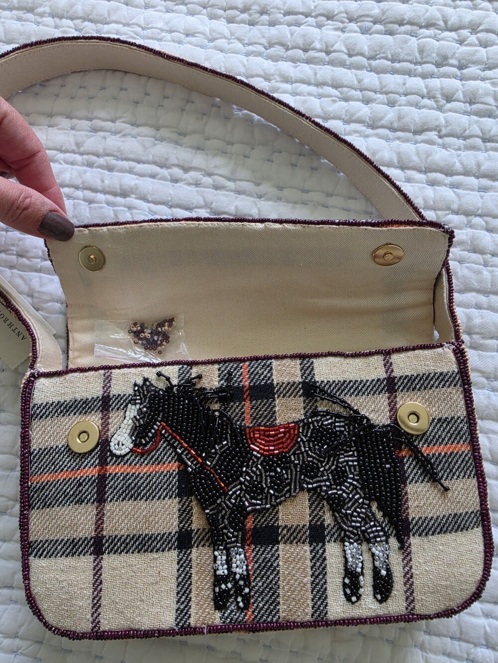 Anthropologie Fiona Beaded Horse Equestrian British Check Old Money NWT - Picture 5 of 13